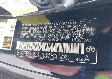 2012 Scion Tc из США, поврежденный, VIN JTKJF5C7XC3042017